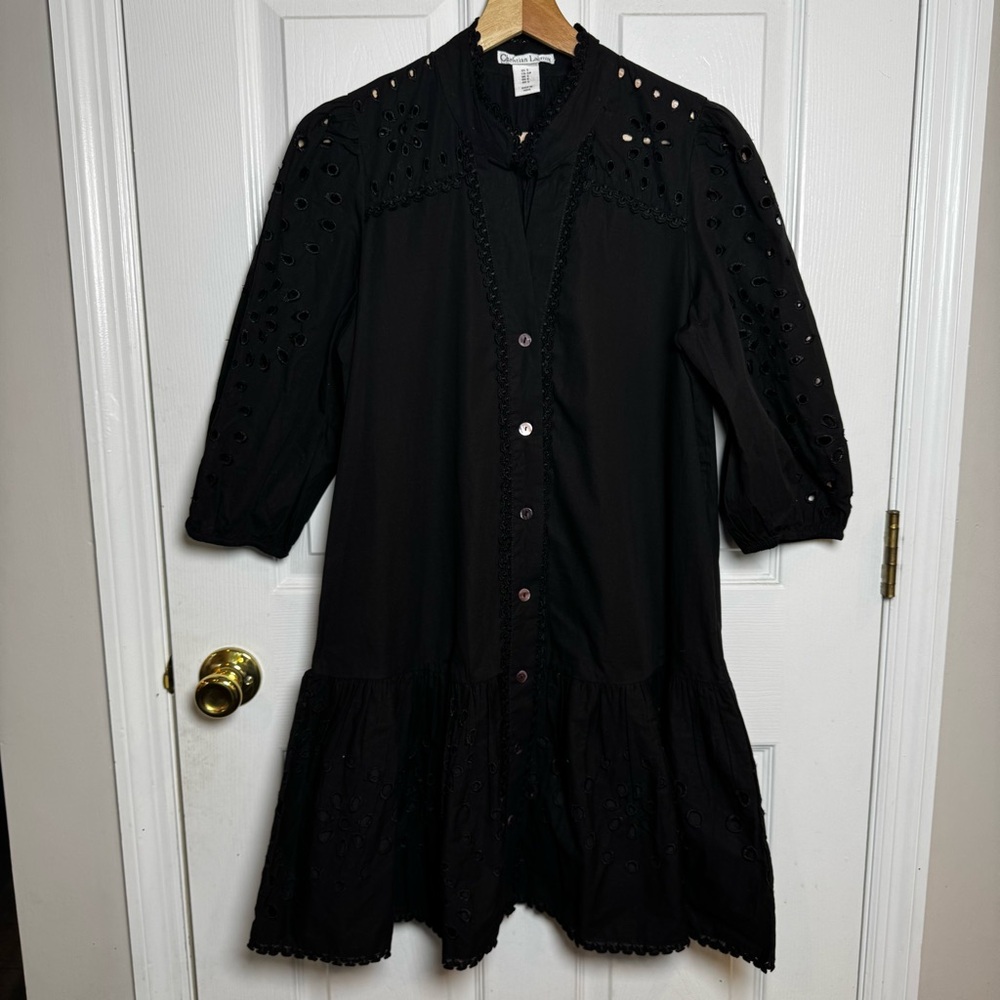 Christian Lacroix Black Eyelet Button Front Drop Waist Prairie Mini Dress Small